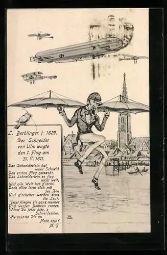 Künstler-AK L. Berblinger, Der Schneider von Ulm wagte den 1. Flug 1811, Zeppelin