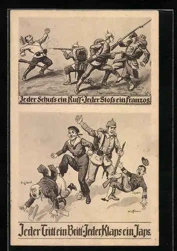 Künstler-AK Ad. Hoffmann: Deutsche Soldaten im Kampf mit diversen Nationen, Propaganda 1. Weltkrieg