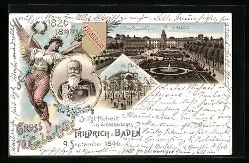 Lithographie Karlsruhe, 70. Geburtstag Friedrich v. Baden 1896, Festhalle, Wappen, Schloss