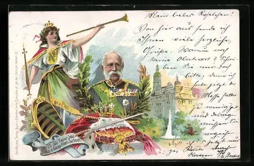 Lithographie Eibau, Gasthof zum Hirsch, König Albert von Sachsen, 25 jähriges Regierungs-Jubiläum 1898