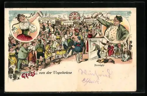 Lithographie Dresdener Vogelwiese, Besucher und Attraktionen, Prosit Toni & Prosit Mirzl, Betrunkene bei der Heimkehr