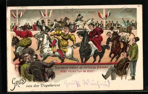 Lithographie Dresdener Vogelwiese, Darheme haben se'nichts zu fressen, aber eiten tun se'doch..., Besucher in der Manege