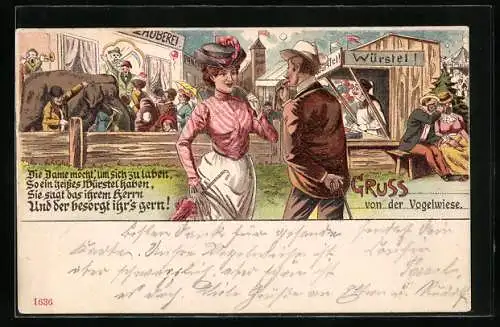 Lithographie Bläst Du, um Dich zu laben, ein heisses Würstchen haben, Paar beim Flirten vor verschiedenen Schaubuden