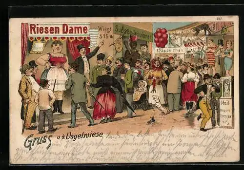 Lithographie Dresdener Vogelwiese, Besucher vor den Attraktionen Riesendame und Südsee-Insulaner