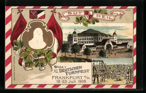 Präge-AK Frankfurt a. M., XI. Deutsches Turnfest 1908, Festhhalle, Sportplatz, Turnvater Jahn