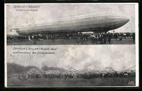 AK Echterdingen, Zeppelins Ankunft und der Ballon 1 Minute nach der Explosion