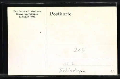 AK Eschterdingen, Luftschiff wird vom Sturm weggetragen am 05. Aug. 1908