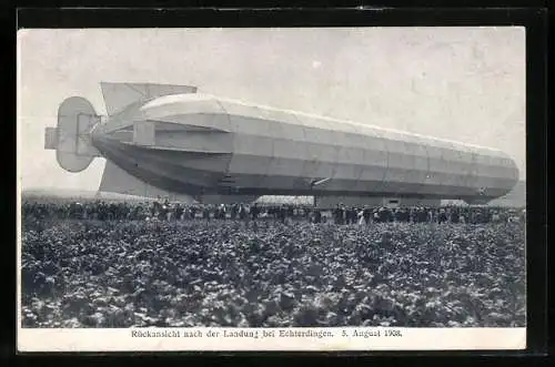 AK Echterdingen, Zeppelin-Landung am 5.8.1908, Schaulustige und Luftschiff vor der Katastrophe