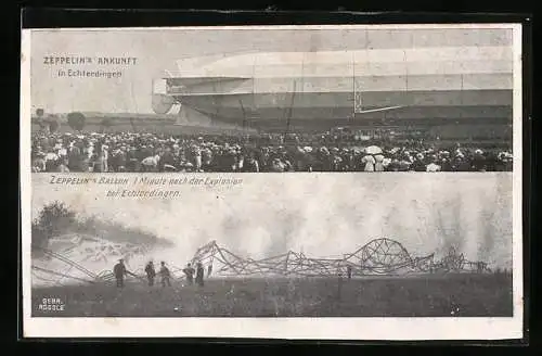 AK Echterdingen, Zeppelins Ankunft und Zeppelin-Ballon nach der Explosion