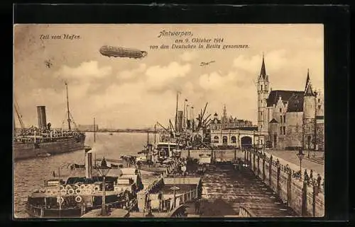 AK Antwerpen, Teilansicht des Hafen, Zeppelin darüber