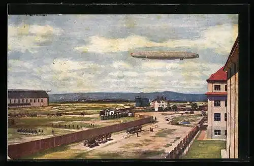 Künstler-AK Dresden, Luftschiff Zeppelin Z-72 über einer Kaserne 1916