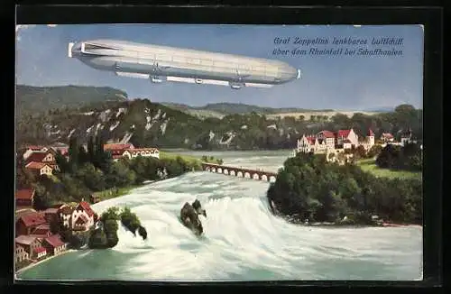 Künstler-AK Schaffhausen, Graf Zeppelins lenkbares Luftschiff über dem Rheinfall, Wasserfall