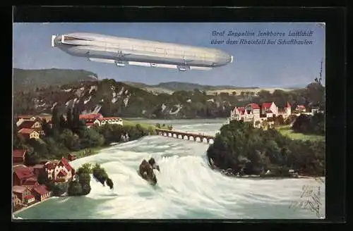 Künstler-AK Schaffhausen, Graf Zeppelins lenkbares Luftschiff über dem Rheinfall, Wasserfall