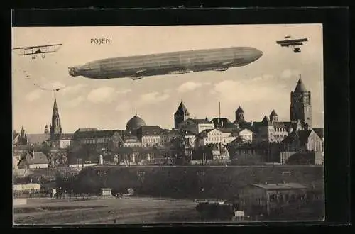 AK Posen, Zeppelin und Flugzeuge über der Stadt