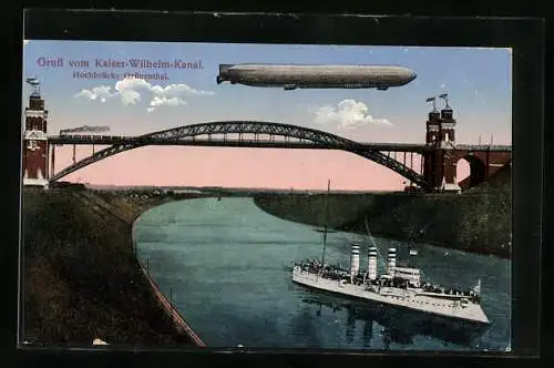 AK Beldorf, Zeppelin über der Hochbrücke Grünenthal, Kriegsschiff