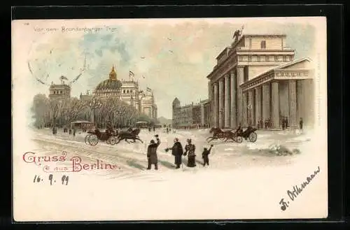 Lithographie Berlin, vor dem Brandenburger Tor im Winter