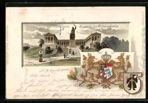 Passepartout-Lithographie München, Bavaria mit Ruhmeshalle und Wappen