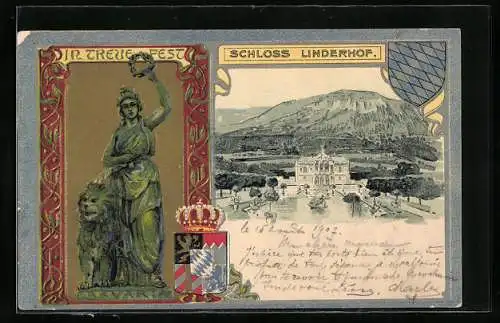 Passepartout-Lithographie Schloss Linderhof, Fernansicht, Bavaria, Wappen