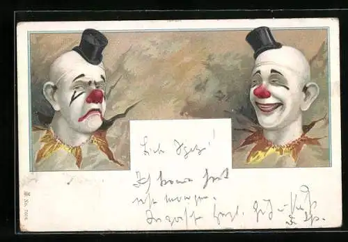 Lithographie Glücklicher und trauriger Clown, Zirkus