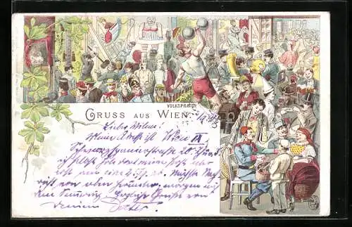 Lithographie Wiener Prater, Attraktionen und Besucher auf dem Volksprater