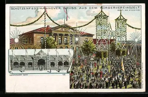 Lithographie Hannover, Schützenfest, Gruss aus dem Bürgervereinszelt