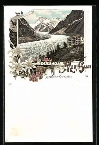 Lithographie Chamonix, Mer de Glace, Montanvert