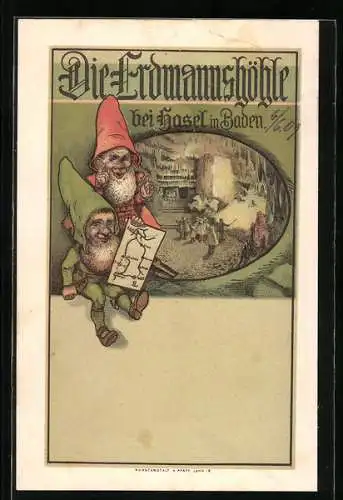 Lithographie Baden, Erdmannshöhle, Zwerge mit Landkarte