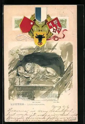 Passepartout-Lithographie Luzern, Löwendenkmal, verschiedene Wappen