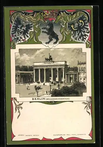Passepartout-Lithographie Berlin, Darstellung vom Brandenburgerthor, Stadt-Wappen