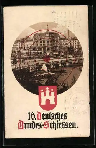 AK Hamburg, 16. Deutsches Bundes-Schiessen 1909, Stadtansicht und Stadtwappen