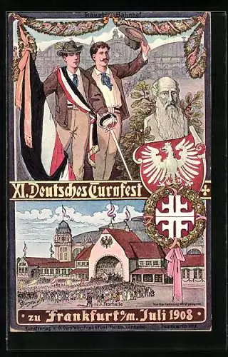 Künstler-AK Frankfurt a. M., XI. Deutsches Turnfest 1908, Turnvater Jahn, Wappen, Sportler, Festplatz