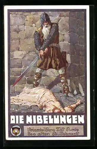 Künstler-AK Ernst Kutzer: Die Nibelungen, Kriemhilds Tod durch den alten Hildebrand
