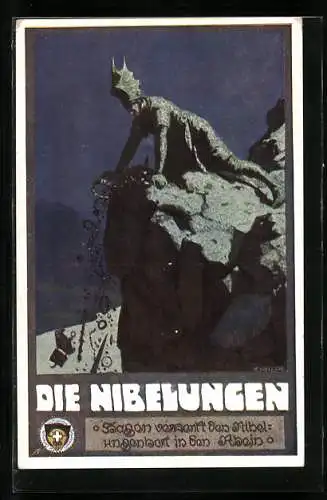 Künstler-AK Ernst Kutzer: Die Nibelungen, Hagen versenkt den Nibelungenhort in den Rhein
