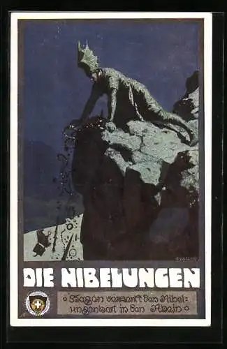 Künstler-AK Ernst Kutzer: Die Nibelungen, Hagen versenkt den Nibelungenhort in den Rhein