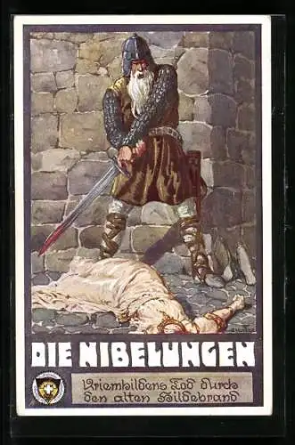 Künstler-AK Ernst Kutzer: Die Nibelungen, Kriemhilds Tod durch den alten Hildebrand