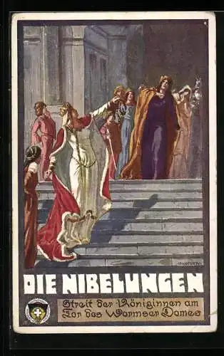 Künstler-AK Ernst Kutzer: Die Nibelungen: Streit der Königinnen am Tor des Wormser Domes