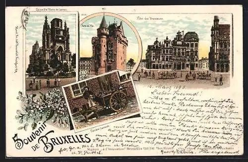 Lithographie Brüssel / Bruxelles, Hotel des Brasseurs, Porte de Hal, Laitière flamande
