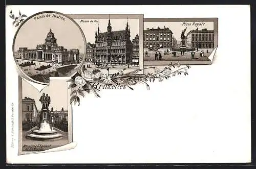 Lithographie Brüssel / Bruxelles, Palais de Justice, Monument D`Egmont et de Hornes, Maison du Roi, Place Royale