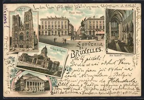 Lithographie Brüssel / Bruxelles, Palais de Justice, Place Royale, Eglise Ste. Gudule, Theatre