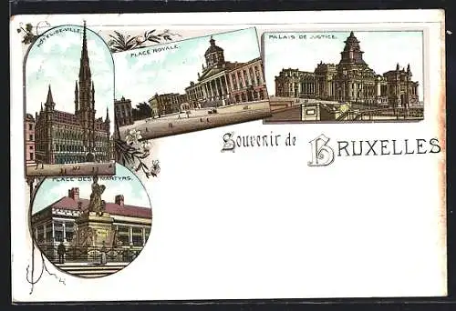 Lithographie Brüssel / Bruxelles, Hotel-de-Ville, Place Royale, Palais de Justice, Place des Martyrs