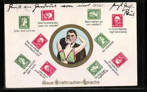 AK Neue Briefmarken-Sprache, Liebespaar
