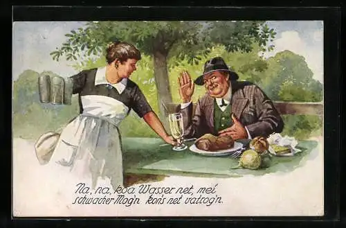 AK Wirtin mit Bierkrügen für den Gast am Tisch