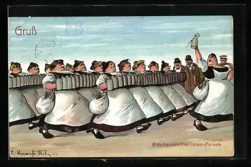 Künstler-AK Bräuhauskellnerinnen-Parade, Kellnerinnen mit Bierkrügen