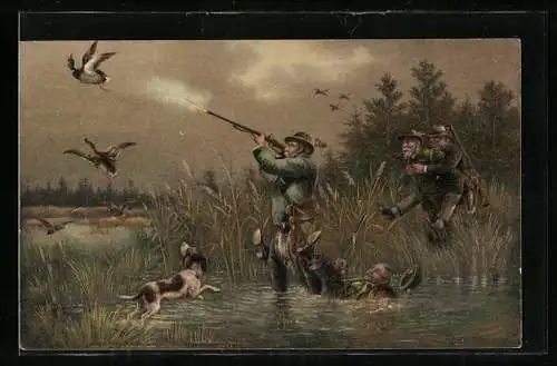 AK Jäger fällt ins Wasser beim Schuss nach Enten, Jagdhumor