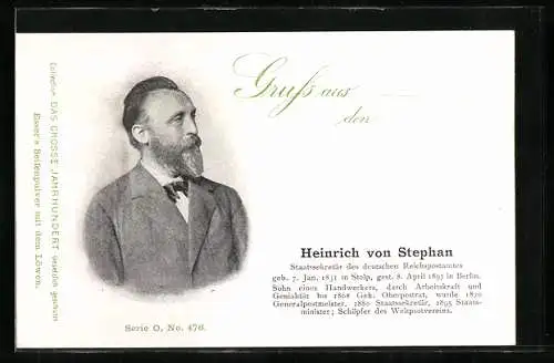 AK Heinrich von Stephan, Staatssekretär des deutschen Reichspostamtes, 1831-1897, Schöpfer des Weltpostvereines