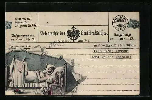 AK Telegraphie des Deutschen Reiches, Telegramm, Mann liegt im Bett und raucht eine Zigarette