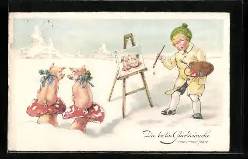 Künstler-AK Kleiner Maler hat Glücksschweinchen mit Schleifen portraitiert