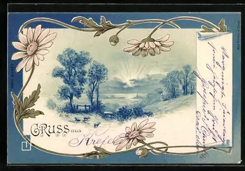 Lithographie Pfingstgruss, Sonnenaufgang überm See, Jugendstil
