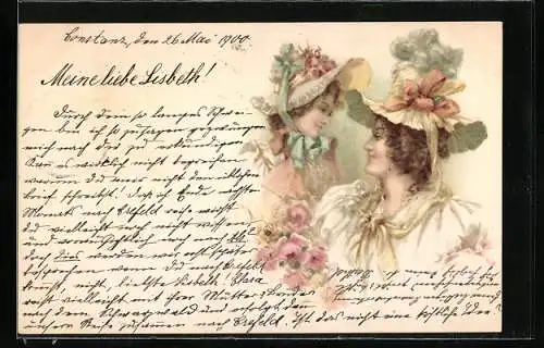 Lithographie Mutter mit Tochter elegant gekleidet, Jugendstil