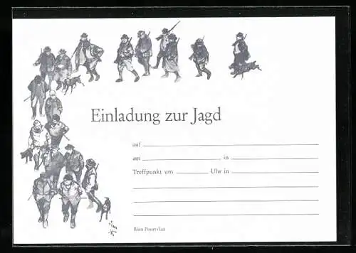 AK Einladung zur Jagd, Jäger mit Hunden